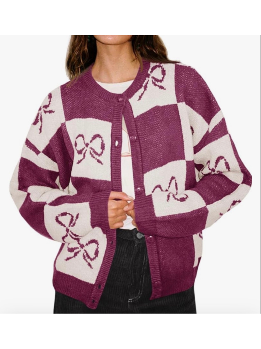 NEW Bow Checkered Button Down Cardigan Sweater S